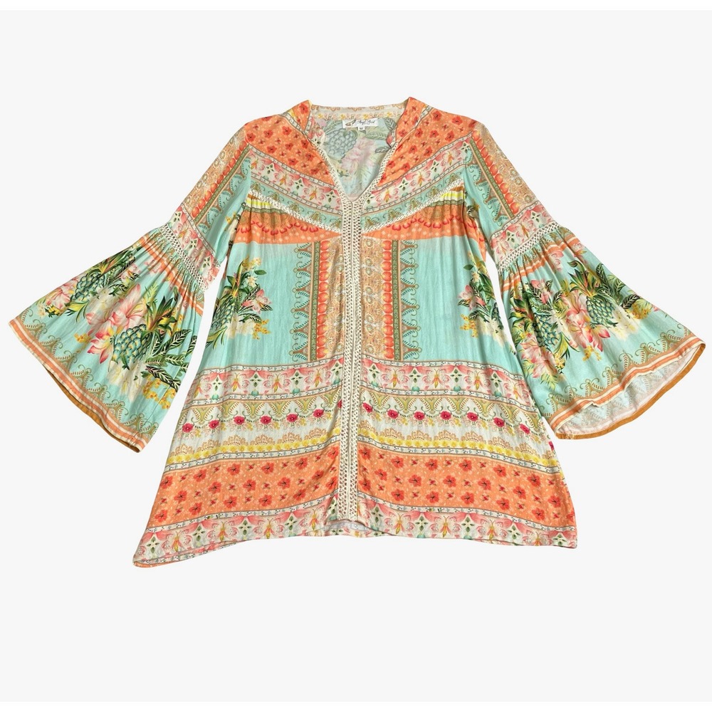 Angel Heart Boutique Tunic Top Womens M Tropical Floral Print Bell Sleeve Boho